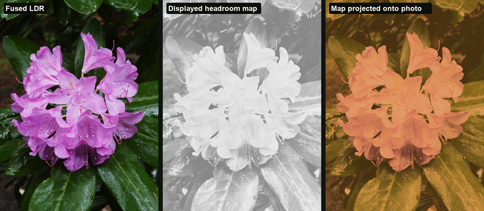 Composite showing the fused LDR, displayed headroom map, and the map projected onto the photo